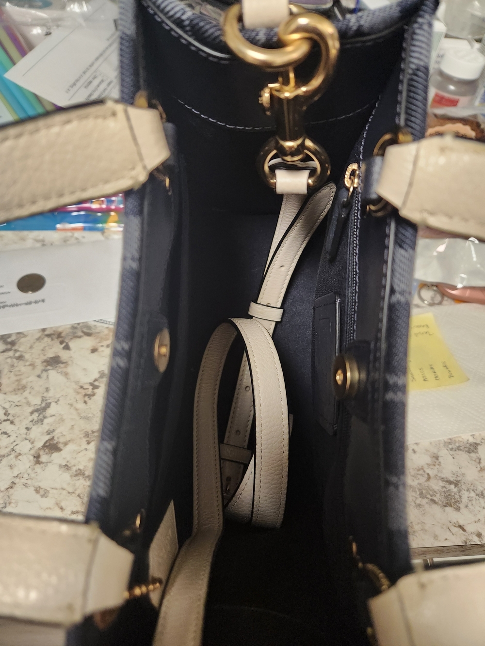 Coach Dempsey 22 Signature Canvas Tote in Navy with Cream Trim - Picture 5 of 6